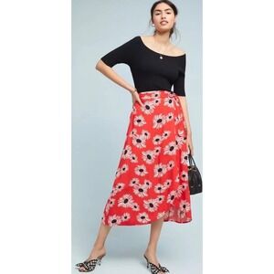 52 Conversations by Anthropologie Red Floral Daisy Wrap Midi Skirt Tie Waist M